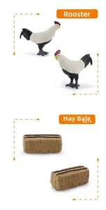 Detailed farm set featuring realistic miniature rooster models and textured hay bales