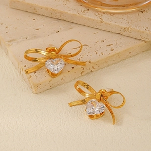 Bowknot Heart Dangle Earrings Stainless Steel 18K Gold Plated Cubic Zirconia High End Summer Jewelry For Women