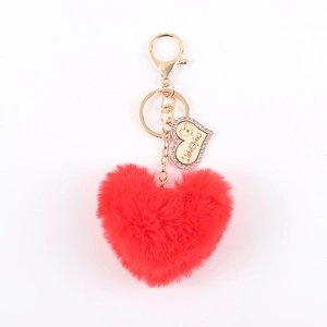 Red heart-shaped faux rabbit fur keychain with gold-plated I Love You pendant