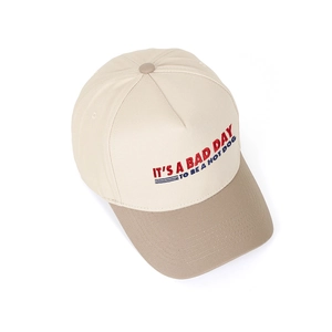 Detail of five-panel canvas baseball cap with It's a Bad Day to Be a Hotdog print