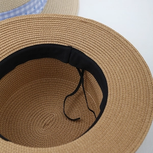Japanese style straw hat with adjustable sweatband and classic checkered ribbon trim