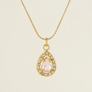 Detail of 18K gold plated necklace featuring a pink water drop stone and zircon halo