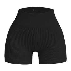 High waist black seamless yoga shorts with ribbed texture and scrunch butt lifting effect