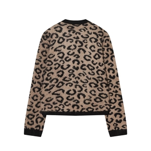 Women's leopard jacquard knit sweater with black ribbed edges, flat back view on white