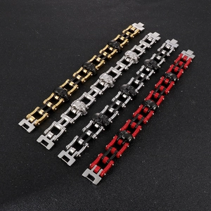 Detail of punk skull bike chain bracelets in four metallic color variations