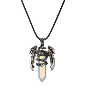 Silver dragon necklace with opal crystal pendant on a black cord, front view white background