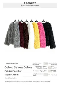Faux fur coat detail showing seven available colors and plush long-fiber texture