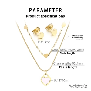 Detailed spec sheet for a gold stainless steel double heart necklace and earring set