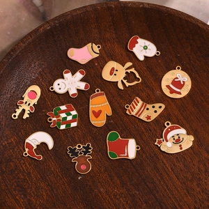 Set of 12 Christmas enamel pendants featuring Santa Claus and reindeer in 14K gold plating