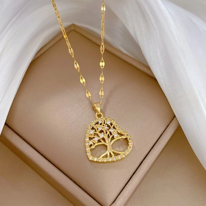 Elegant gold heart tree of life necklace with crystals for wedding and party jewelry