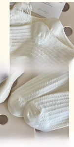 Detail view of reinforced heel and flat toe seam on white lace mesh socks