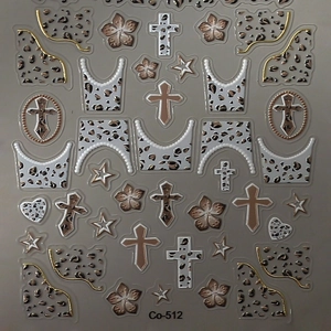 Golden nail art stickers with leopard print and cross designs, sheet model Co-512