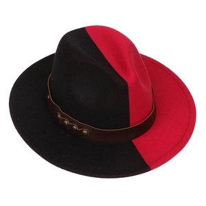 Detail of bicolored wool fedora with brown leather belt and metallic studs