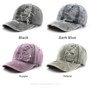Detailed grid of distressed baseball caps in black, dark blue, purple, and yellow colors