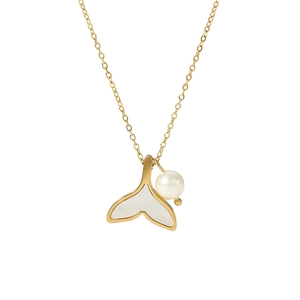Golden mermaid tail necklace with white mother of pearl and round pearl pendant