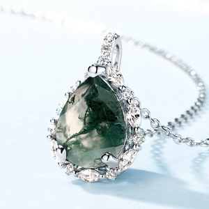 Elegant S925 silver necklace with pear-shaped green moss agate pendant and sparkling crystals