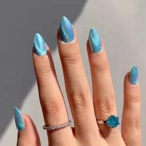 Blue Aurora Press On Nails Almond Shape Glossy Elegant Fashionable Women Manicure Accessories Daily Wear Shimmering