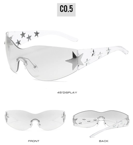 Three-way view of star-studded Y2K sunglasses with transparent lenses and silver accents