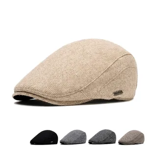 Classic warm fleece-lined newsboy cap in khaki knit fabric for men's casual winter style
