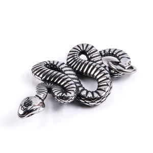 Macro detail of a stainless steel snake pendant with antique finish on white background