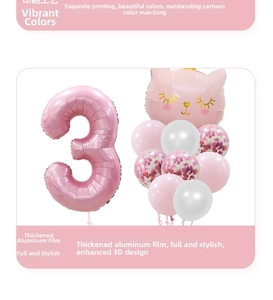 Détail du ballon chiffre 3 rose et chat avec décorations de fête en latex confettis