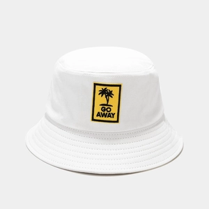 Detail of white cotton bucket hat with yellow 'GO AWAY' patch and palm tree embroidery