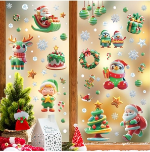 Details von Weihnachtsfensterbildern mit Weihnachtsmann, Rentier und Schneeflocken Deko
