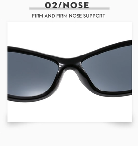 Close-up of firm nose support on black wrap-around rectangle fashion sunglasses