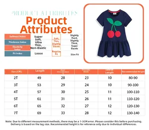 Detailed size chart for girls' knit princess dress showing measurements and fabric properties