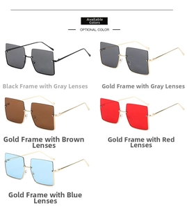 Close-up of five color options for large square metal frame sunglasses in varied tints