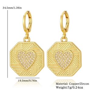 Detail view of 18K gold plated octagon heart earrings with zircon and size specifications