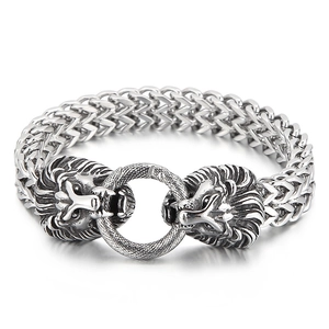 Men's punk style stainless steel bracelet with double lion heads and thick woven chain
