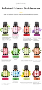 Detailed grid of 12 aromatic essential oils including lavender, jasmine, and rose scents