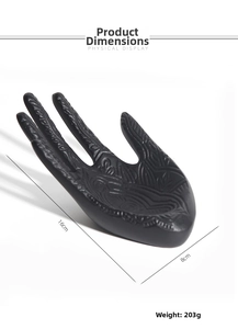Detailed top view of matte black hand-shaped jewelry display with 16cm length dimensions