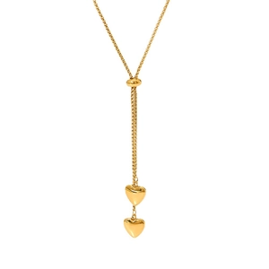 Y-shaped gold stainless steel necklace with dual 3D heart pendants on white background