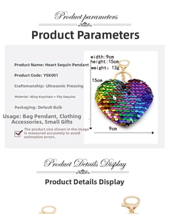 Detailed size specifications for a 9x15cm rainbow sequin heart keychain accessory