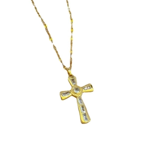 Gold titanium steel necklace with minimalist cross pendant and clear crystal inlays