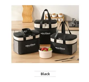 Three-piece black insulated meal bags with wide handles and mesh side pockets for lunch
