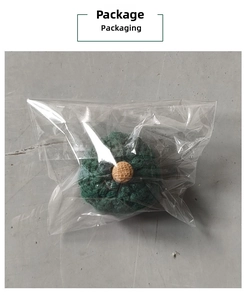 Detail view of handmade knitted succulent craft with wood button in packaging