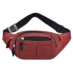 Versatile dark red crossbody waist bag with adjustable strap and multiple zipper pockets