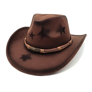 Chapeau De Cowboy Western Imprimé Étoiles Bord Large Coton Polyester Feutre Fedora Avec Ornement En Métal De Crâne