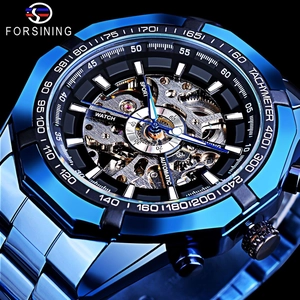 Automatic Mechanical Watch Men Skeleton Dial Alloy Case Metal Strap Sport Fashion Transparent Back Tachymeter Bezel