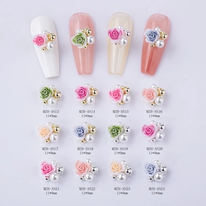 3D resin rose nail art charms set with pearls in diverse colors for manicure decoration