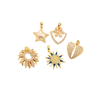 Gold-plated pendants featuring sun, stars, and heart designs with zircon and blue enamel