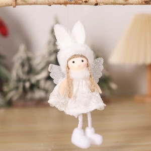 Detail of white plush rabbit ear angel ornament with silver wings hanging on a branch