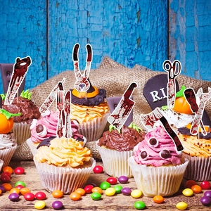 Halloween bloody tool cake toppers set with saws and knives for spooky party decoration