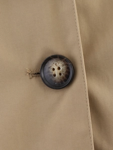 Close-up of khaki twill trench coat fabric and tortoiseshell resin button detail
