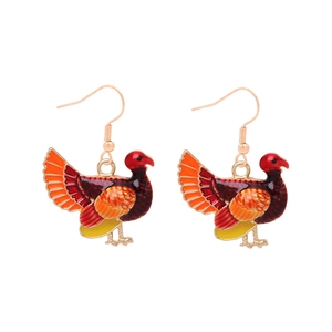 Detail of creative turkey drop earrings with vibrant red and orange enamel finish