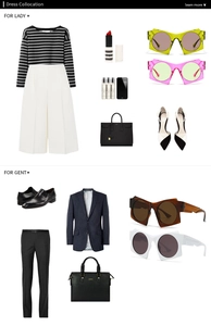 Flat lay of trendy geometric sunglasses paired with professional suits and striped tops