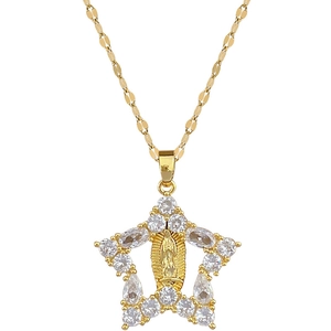Elegant gold titanium necklace with star-shaped Virgin Mary pendant and sparkling crystals